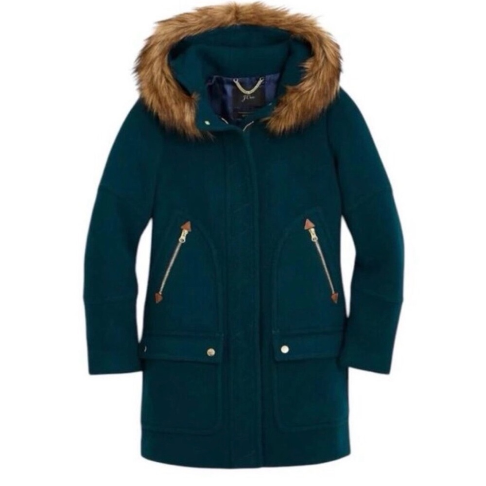 J. Crew Dark Green Utility Jacket with Removable Faux Fur Hood